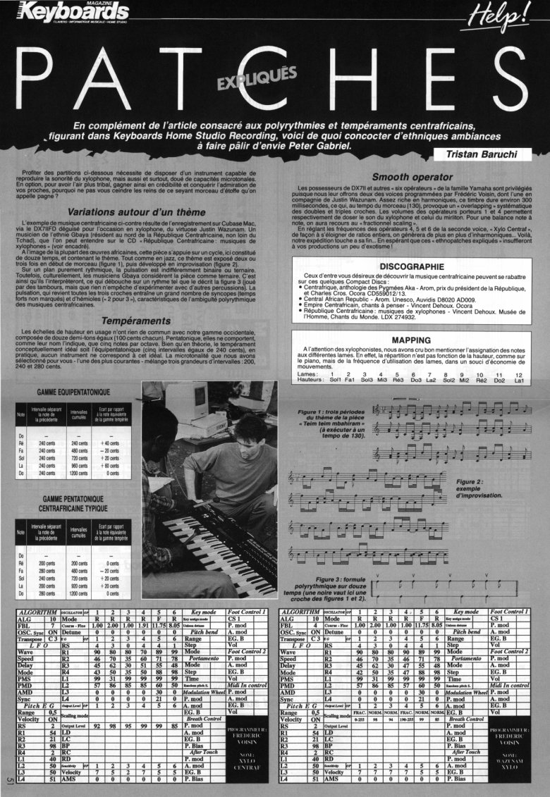 Mes programmes et "microtuning" centraficains du synthétiseur Yamaha DX7.
(Keyboards Magazine n°69)